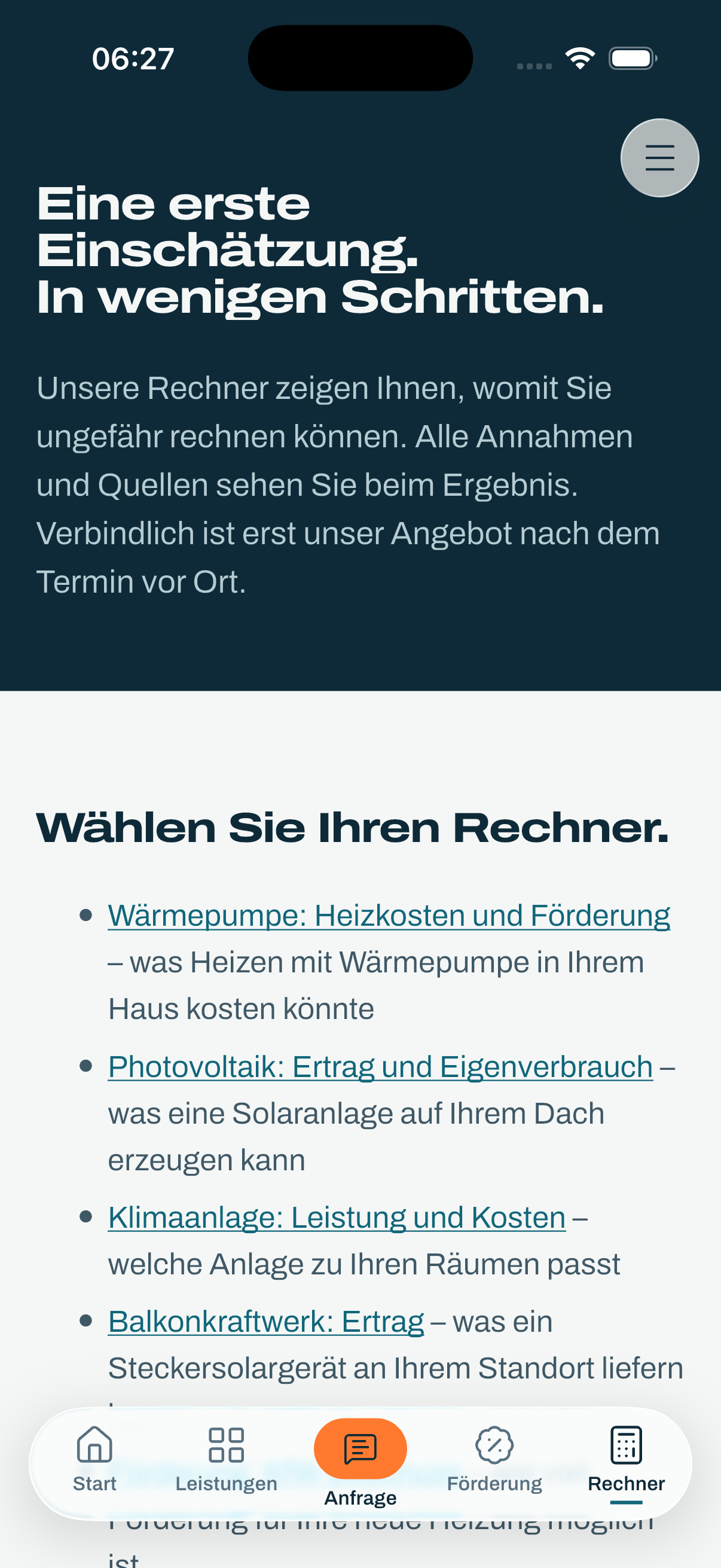 App Zukunftskurs Energie auf dem iPhone: Rechner-Übersicht „Eine erste Einschätzung. In wenigen Schritten.“ mit Liste der Rechner